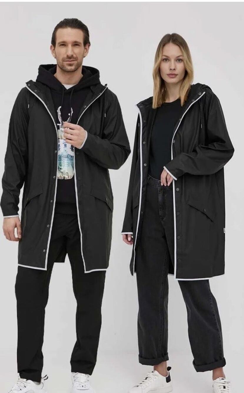 NWT Rains Long Raincoat Jacket Black Reflective With Hood Sz (Lg )Unisex